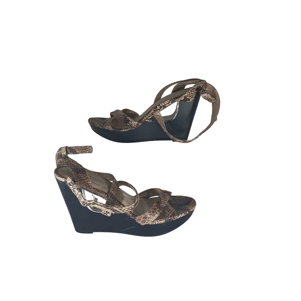 Andrew Geller Nadya Wedge Sandal 7.5 Brown Snakeskin Strappy Platform Heel
